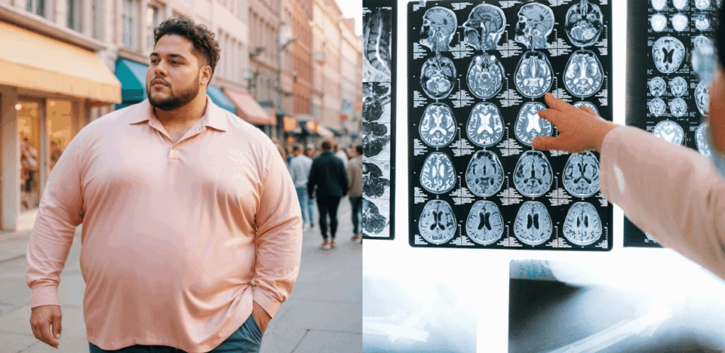 Homem com obesidade e exames específicos ilustram pesquisa sobre cirurgia cerebral experimental para tratamento da obesidade no Brasil.