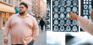 Homem com obesidade e exames específicos ilustram pesquisa sobre cirurgia cerebral experimental para tratamento da obesidade no Brasil.