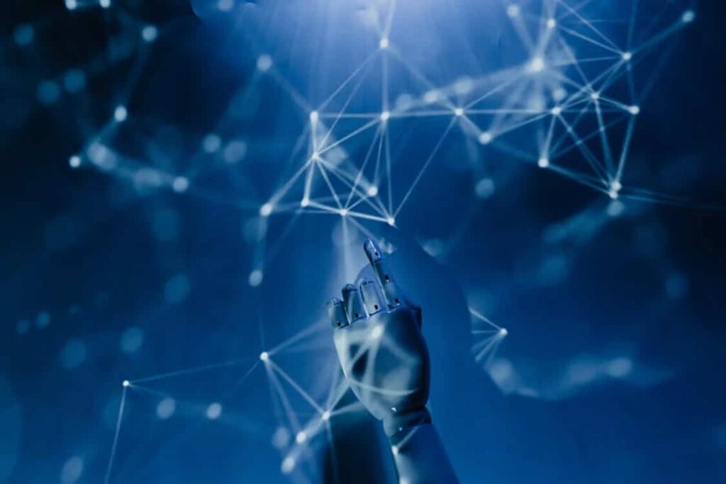 Mão poática para conexões digitais em um ambiente azul futurista, o representando da IA tecnologia na tecnologia e na telemedicina