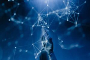 Mão poática para conexões digitais em um ambiente azul futurista, o representando da IA tecnologia na tecnologia e na telemedicina