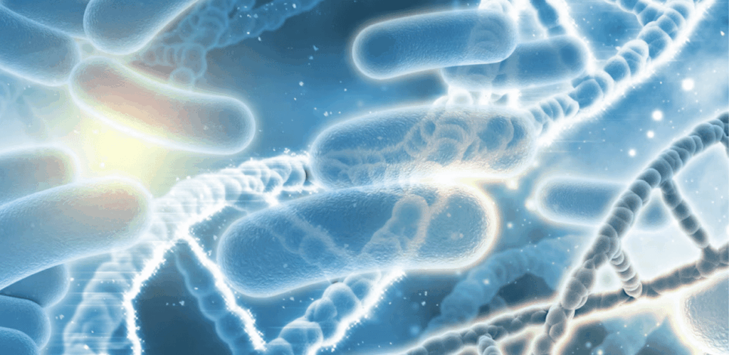 Ilustração microscópica de microrganismos em destaque, cercados por estruturas de DNA, representando a atuação de microrganismos que purificam a água.