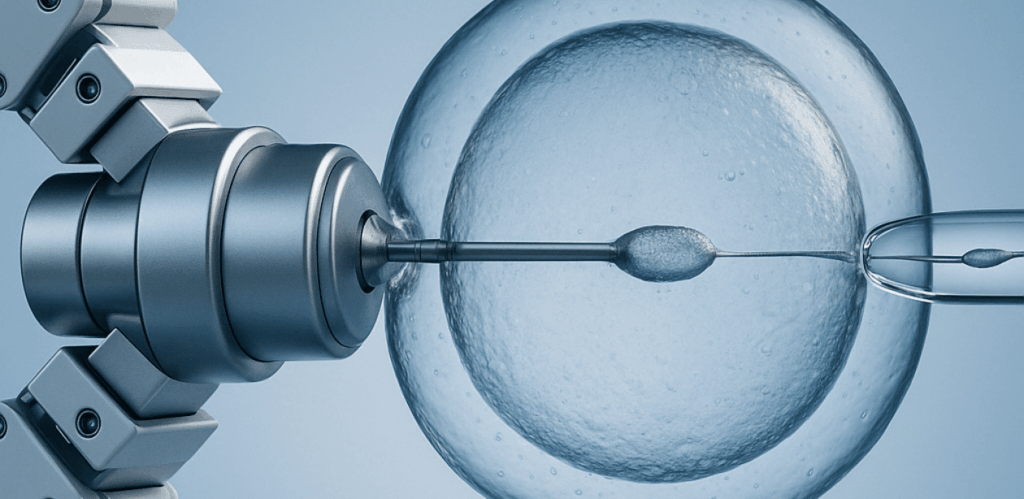 Braço robótico realiza fertilização in vitro ao injetar espermatozoide diretamente em óvulo sob ambiente controlado, representando avanço na medicina reprodutiva