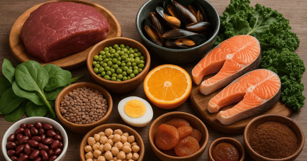 Alimentos ricos em ferro organizados em uma mesa com carnes, peixes, leguminosas, folhas verdes e frutas cítricas