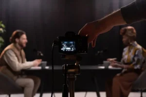 Gravação de conteúdo audiovisual com foco em diversidade e conexão, mostrando dois profissionais em diálogo diante de uma câmera.