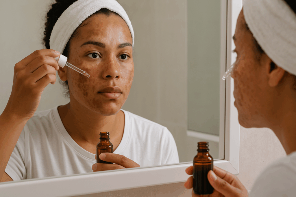 Mulher com melasma usando produtos dermatológicos com conta-gotas em frente ao espelho