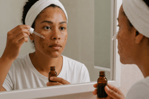 Mulher com melasma usando produtos dermatológicos com conta-gotas em frente ao espelho
