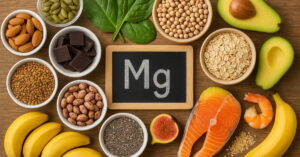 Alimentos ricos em magnésio organizados sobre mesa de madeira