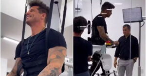 Fernando Fernandes sorrindo ao testar tecnologia para voltar a andar