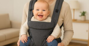 Bebê sorridente em carregador ergonômico com as pernas dobradas na posição correta para prevenir displasia do quadril