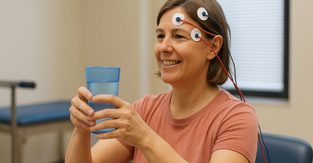 Mulher segurando copo durante sessão de estimulação cerebral profunda
