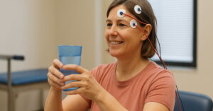 Mulher segurando copo durante sessão de estimulação cerebral profunda