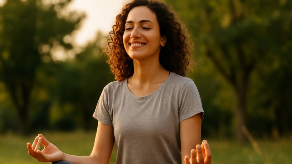 Pessoa meditando no Dia do Autocuidado, representando equilíbrio, paz interior e conexão com a natureza.