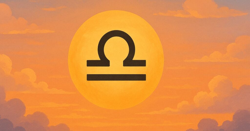 Ilustração do Sol em Libra com símbolo do signo em destaque no céu dourado.