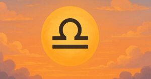 Ilustração do Sol em Libra com símbolo do signo em destaque no céu dourado.